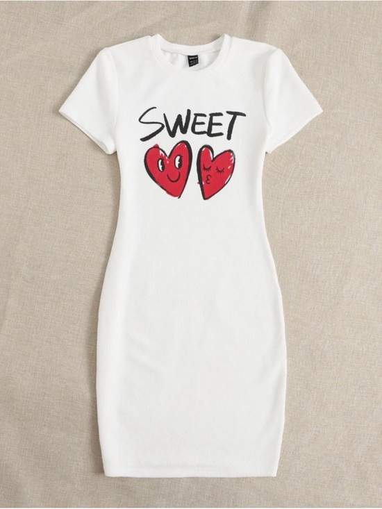 SHEIN Dresses & Skirts - SHEIN White Midi Dress with Red Heart Motif and SWEET Script